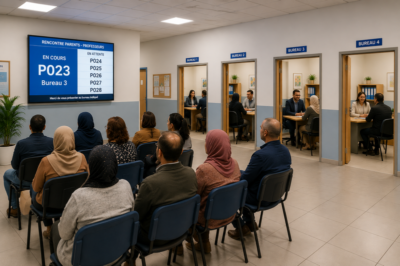 Parents dans une salle d’attente devant un écran d’appel pendant que les professeurs reçoivent les familles